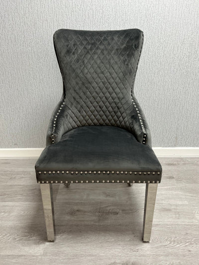 Victoria Dark Grey Chrome Ring Knocker Button Back Plush Velvet Chair
