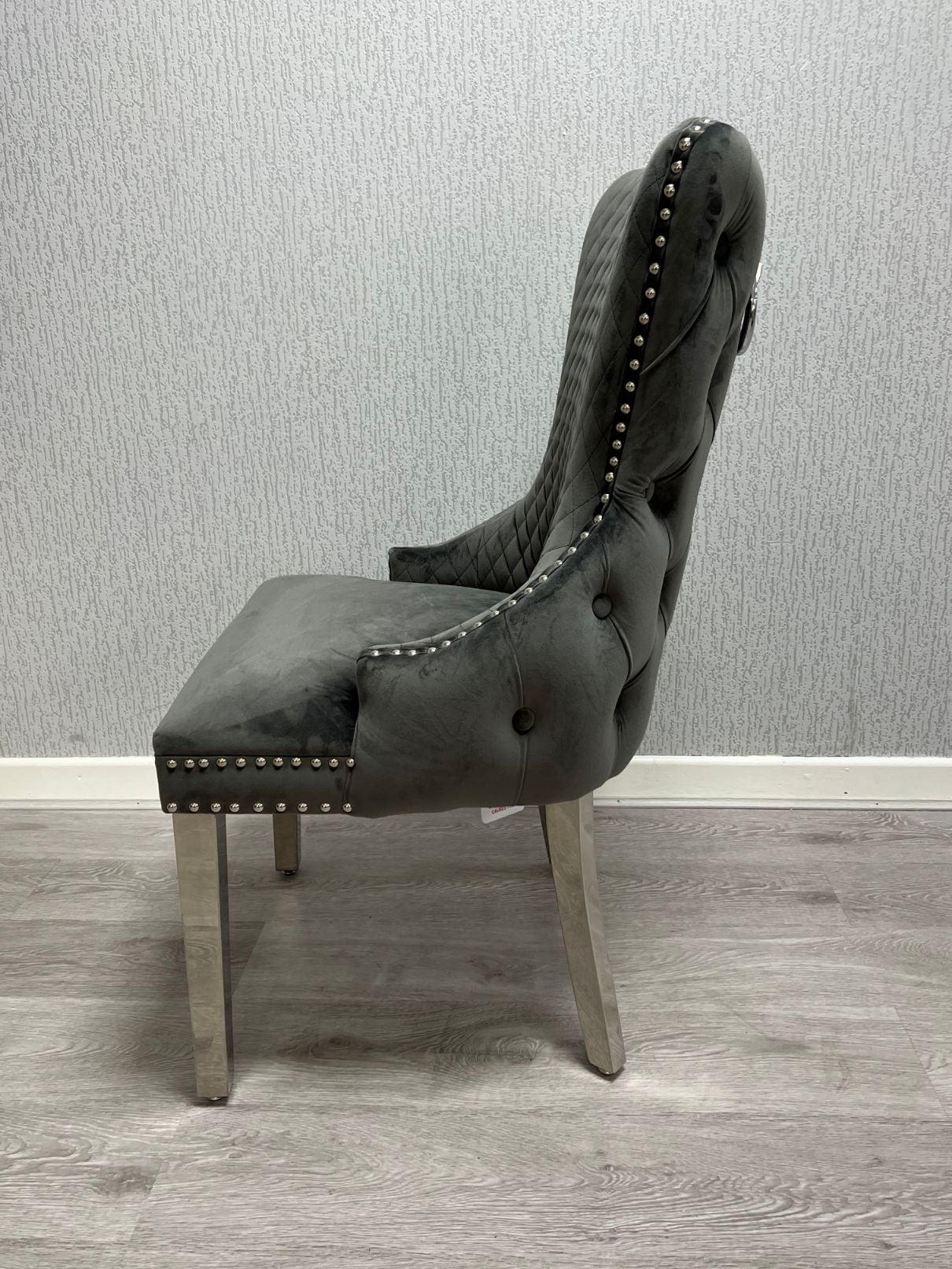 Victoria Dark Grey Chrome Ring Knocker Button Back Plush Velvet Chair