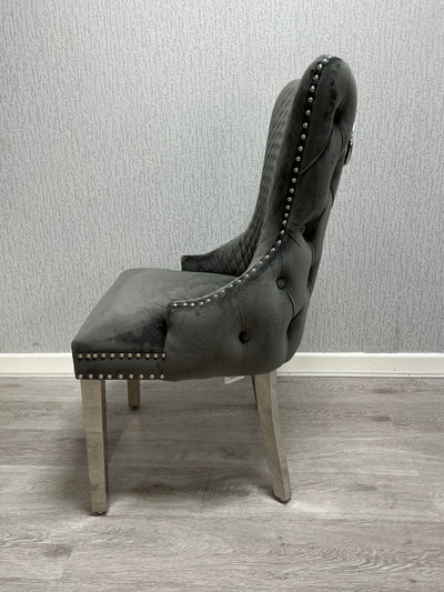 Victoria Dark Grey Chrome Ring Knocker Button Back Plush Velvet Chair