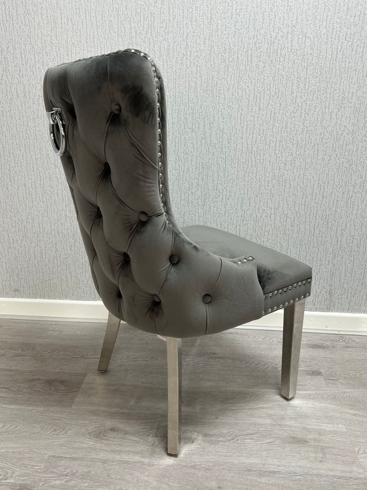 Victoria Dark Grey Chrome Ring Knocker Button Back Plush Velvet Chair