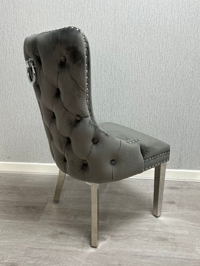 Victoria Dark Grey Chrome Ring Knocker Button Back Plush Velvet Chair