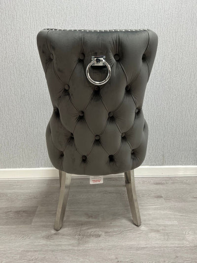 Victoria Dark Grey Chrome Ring Knocker Button Back Plush Velvet Chair