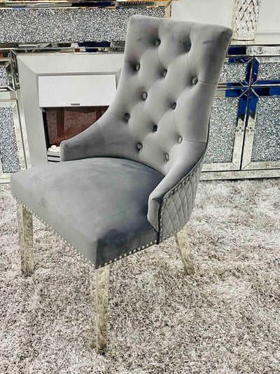 Louis Grey Round 130cm Marble Dining Table + Grey Lion Knocker Velvet Dining Chairs