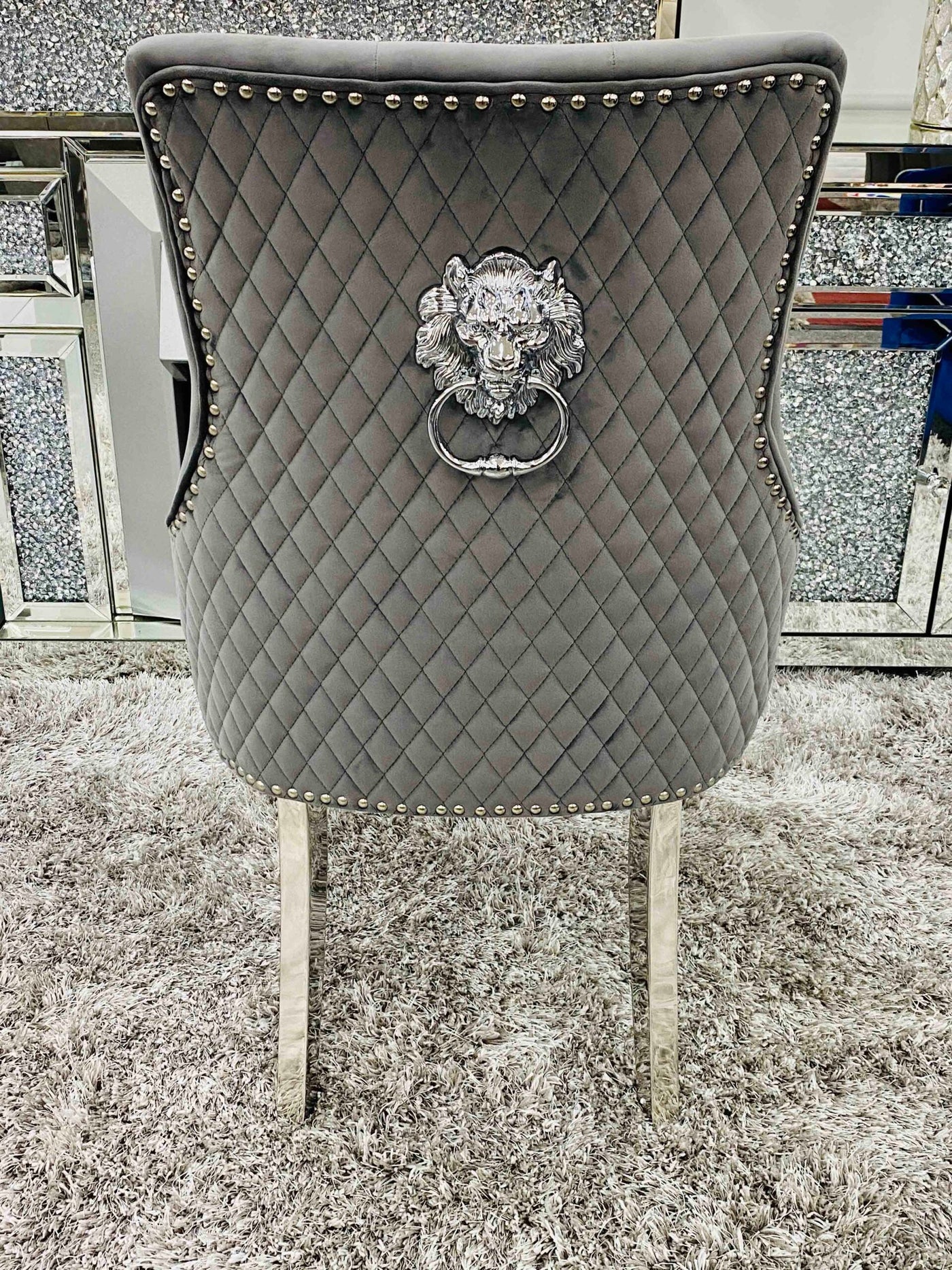 Louis Grey Round 130cm Marble Dining Table + Grey Lion Knocker Velvet Dining Chairs