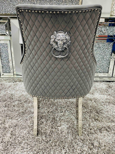 Louis Grey Round 130cm Marble Dining Table + Grey Lion Knocker Velvet Dining Chairs