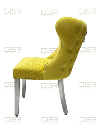 Valentino Mustard Quilted French Velvet Chrome Leg Lion Knockerback Dining Chair-Esme Furnishings