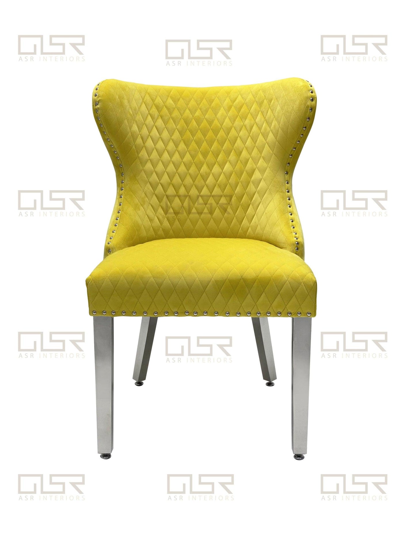 Valentino Mustard Quilted French Velvet Chrome Leg Lion Knockerback Dining Chair-Esme Furnishings