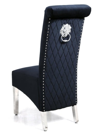 Sophia Black French Velvet Lion Knocker Quilted Dining Chair With Chrome Legs-Esme Furnishings