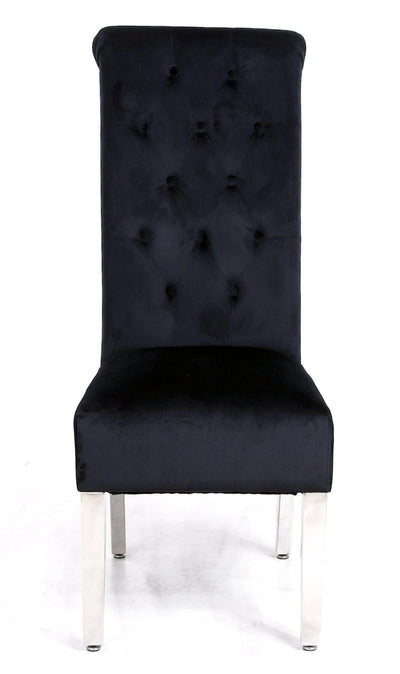 Sophia Black French Velvet Lion Knocker Quilted Dining Chair With Chrome Legs-Esme Furnishings