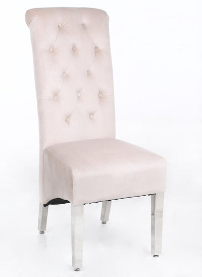Sophia Cream French Velvet Lion Knocker Quilted Dining Chair With Chrome Legs-Esme Furnishings