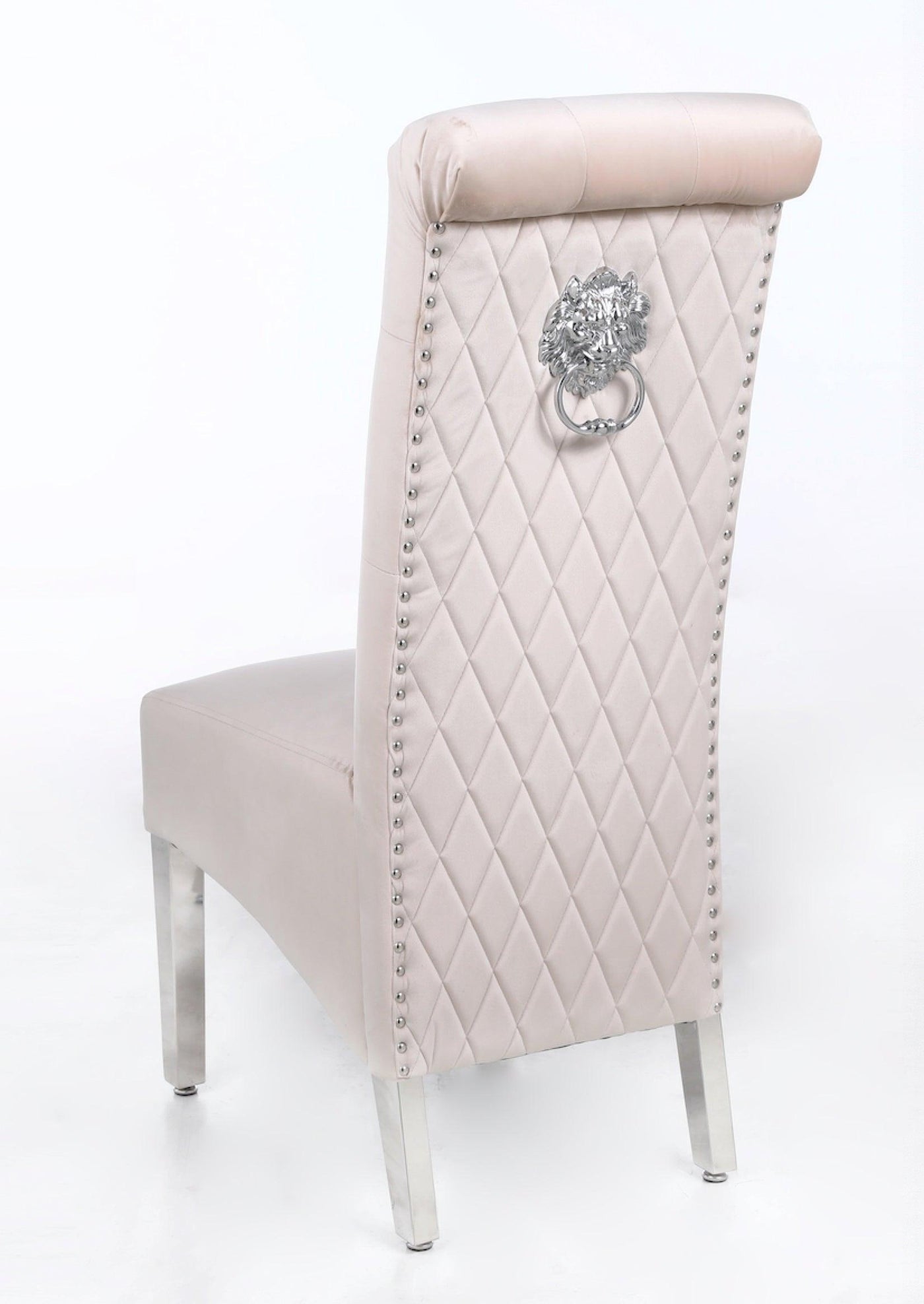 Sophia Cream French Velvet Lion Knocker Quilted Dining Chair With Chrome Legs-Esme Furnishings