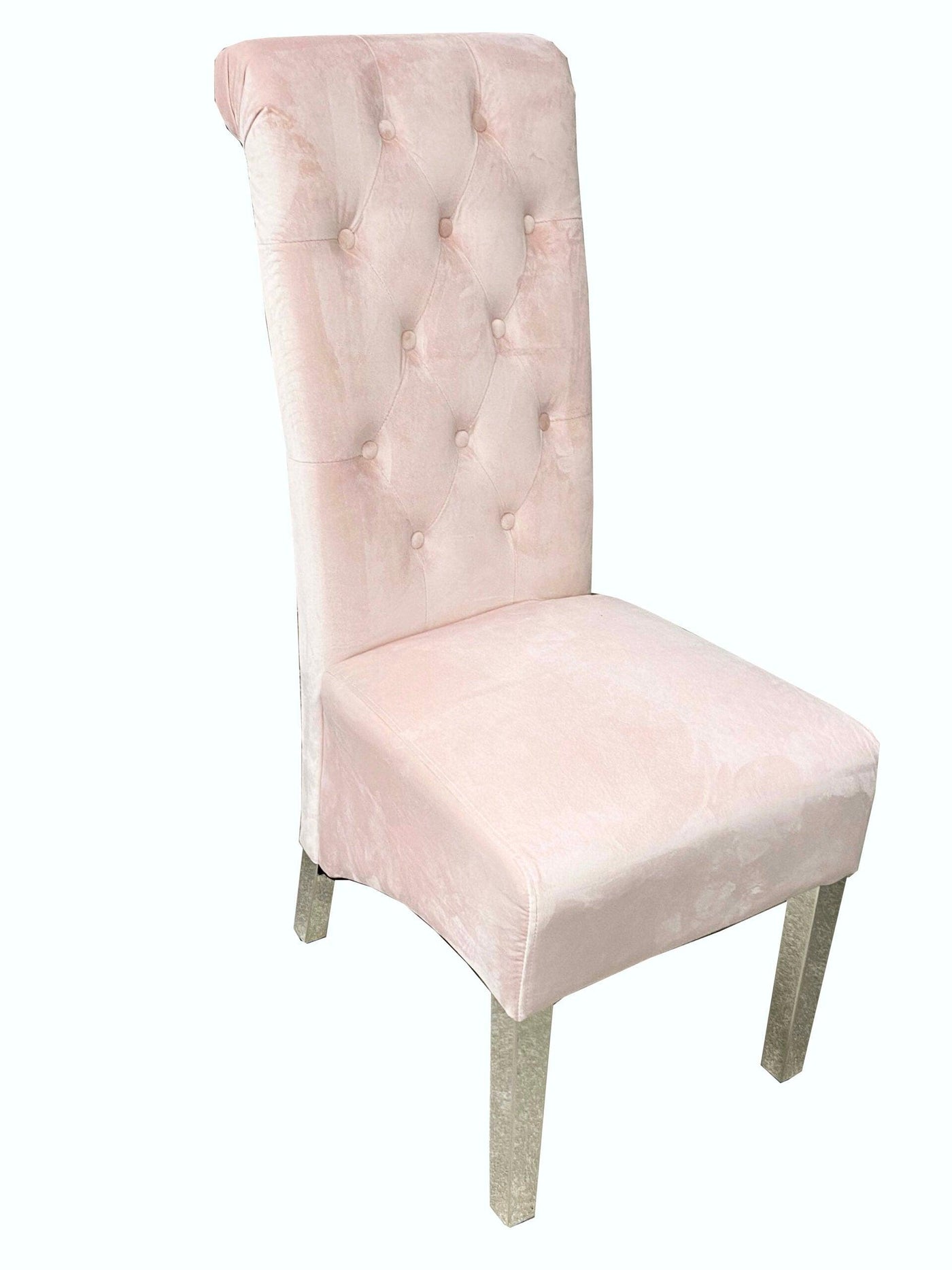 Sophia Pink French Velvet Lion Knocker Quilted Dining Chair With Chrome Legs-Esme Furnishings