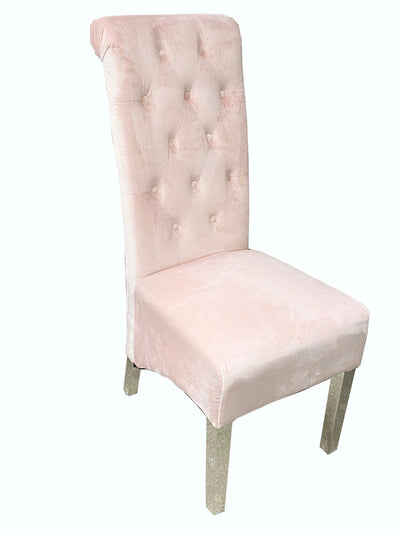 Sophia Pink French Velvet Lion Knocker Quilted Dining Chair With Chrome Legs-Esme Furnishings