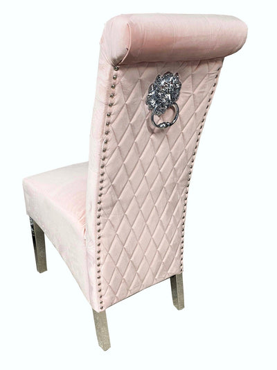 Sophia Pink French Velvet Lion Knocker Quilted Dining Chair With Chrome Legs-Esme Furnishings