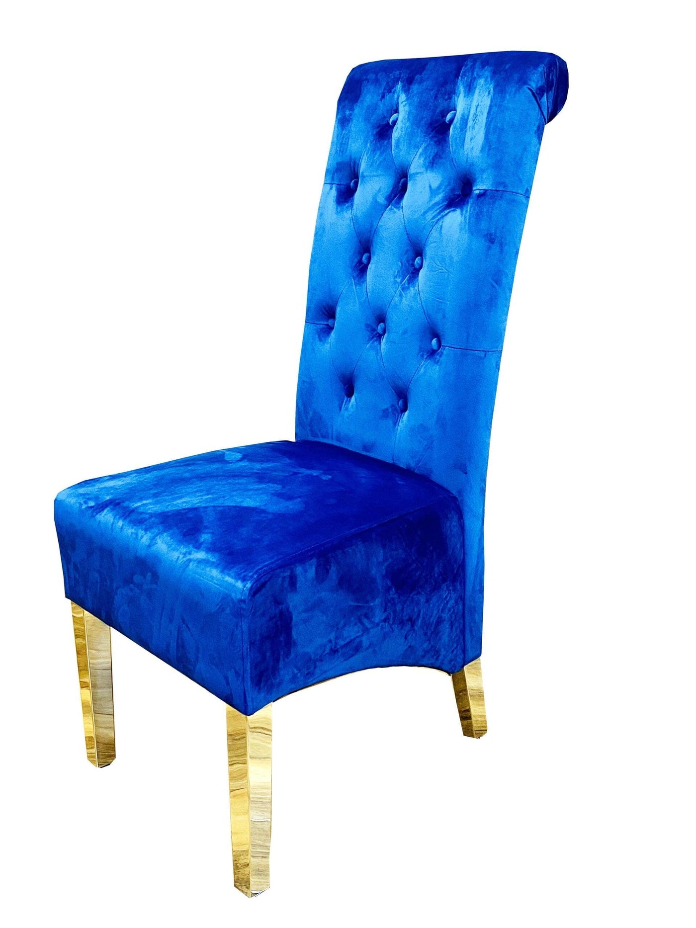 Sophia Navy Blue French Velvet Lion Knocker Quilted Dining Chair With Chrome Legs-Esme Furnishings
