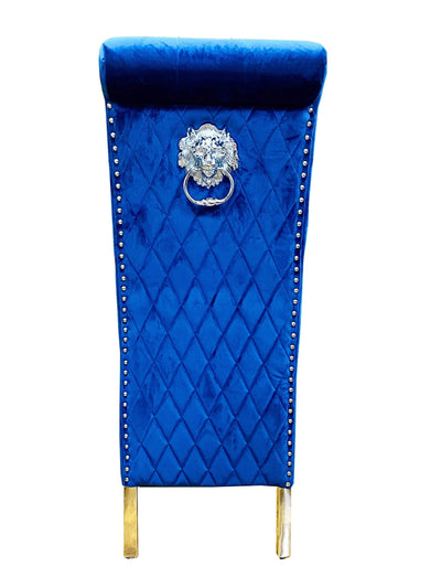 Sophia Navy Blue French Velvet Lion Knocker Quilted Dining Chair With Chrome Legs-Esme Furnishings