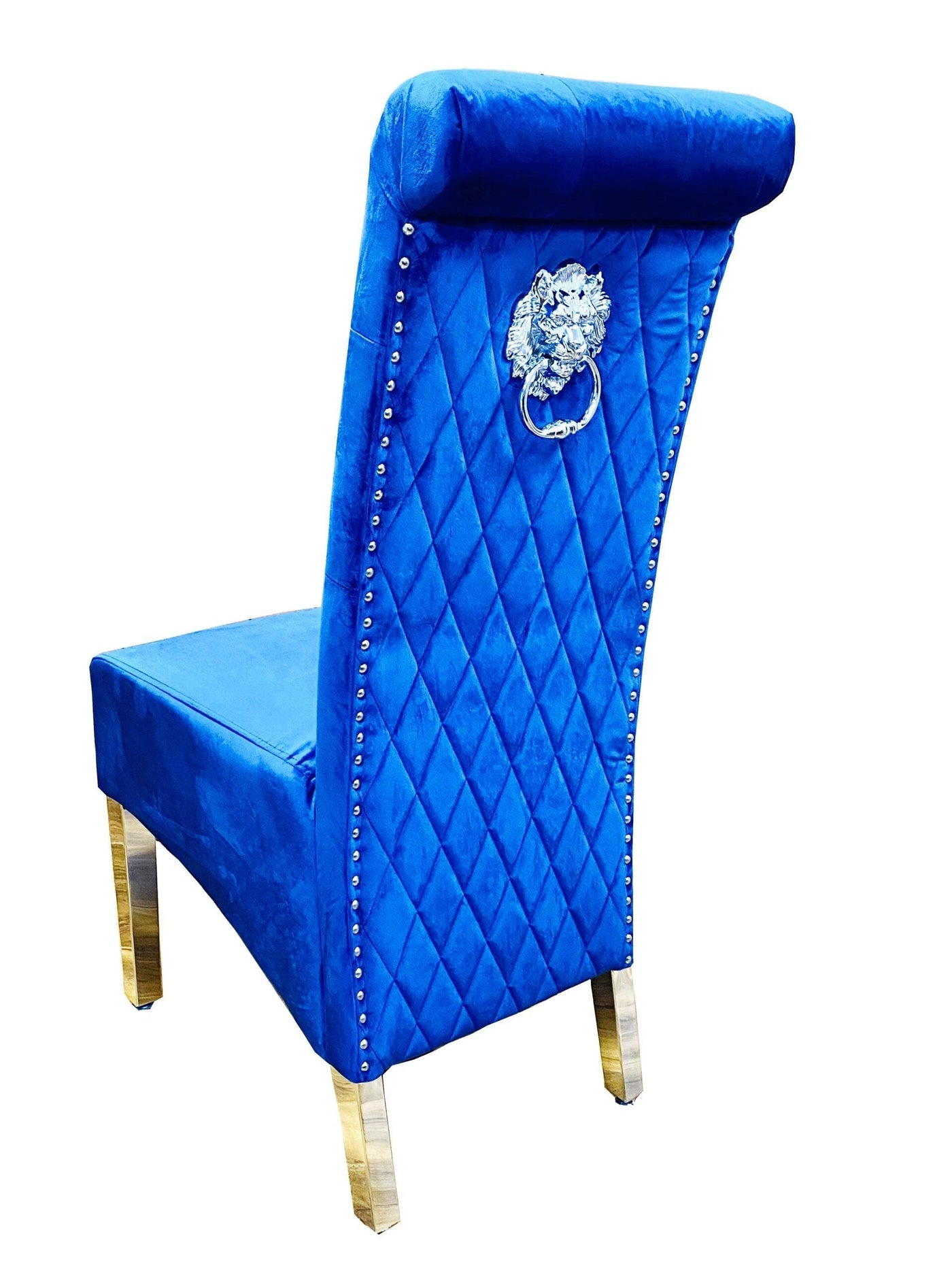Sophia Navy Blue French Velvet Lion Knocker Quilted Dining Chair With Chrome Legs-Esme Furnishings
