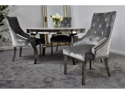 Louis 130cm Grey Marble Round Dining Table + Belle Plush Velvet Knocker Chairs-Esme Furnishings