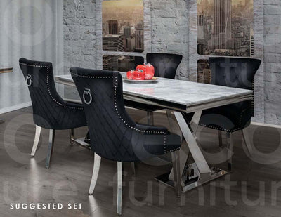 Windsor X Frame Grey Marble 180CM Dining Table + Megan Button Ring Velvet Chairs-Esme Furnishings