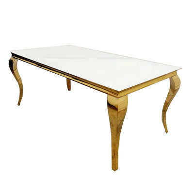 Louis Gold & White Marble Dining Table With Cream & Gold Lion Knocker Dining Chairs-Esme Furnishings