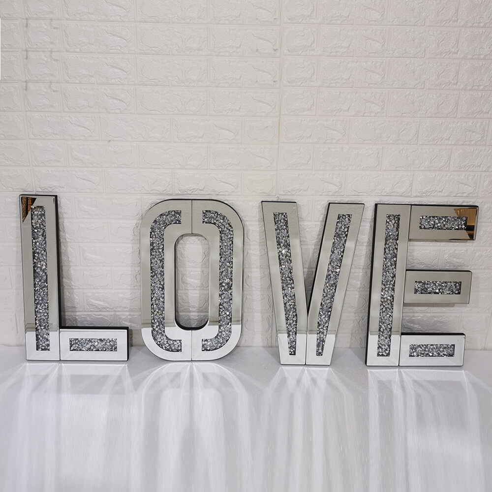 Mirrored Diamond Crushed Crystal Mirror Diamante LOVE Letters Wall Art LOVE-Esme Furnishings