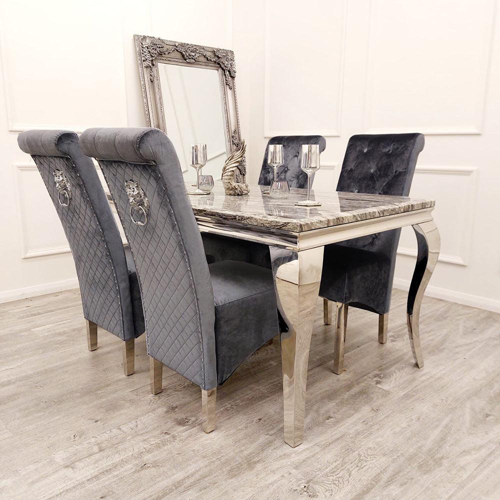 Louis 150cm Dark Grey Marble Dining Table + Lucy Grey Lion Slim Knocker Plush Velvet Chairs-Esme Furnishings