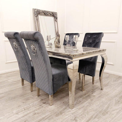 Louis 150cm Dark Grey Marble Dining Table + Lucy Grey Lion Slim Knocker Plush Velvet Chairs-Esme Furnishings
