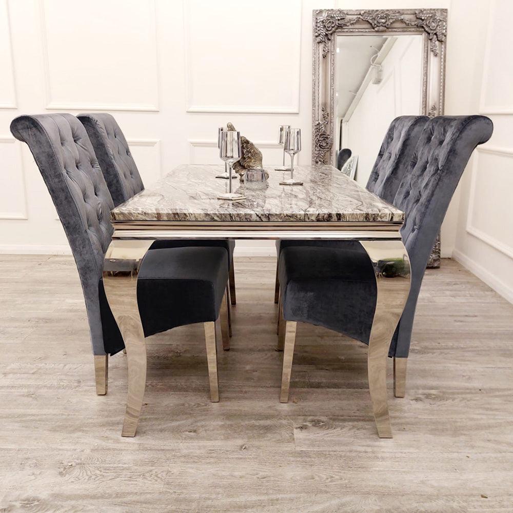 Louis 150cm Dark Grey Marble Dining Table + Lucy Grey Lion Slim Knocker Plush Velvet Chairs-Esme Furnishings