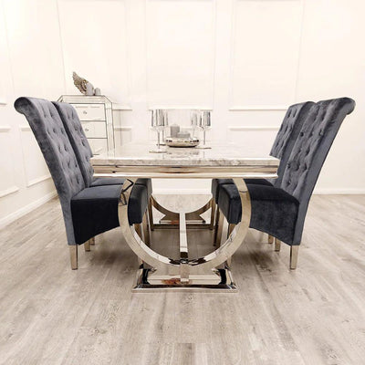 Arianna 180cm Grey, Black Or White Marble Dining Table + 6 Lucy Shimmer Grey Lion Slim Knocker Plush Velvet Chairs-Esme Furnishings
