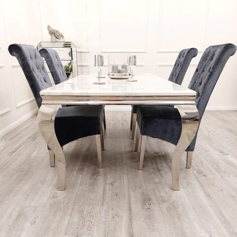 Louis 150cm Grey, Black Or White Marble Dining Table + 4 Lucy Shimmer Grey Lion Slim Knocker Plush Velvet Chairs-Esme Furnishings