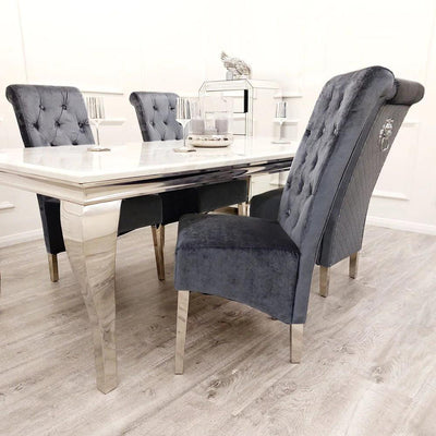 Louis 150cm Grey, Black Or White Marble Dining Table + 4 Lucy Shimmer Grey Lion Slim Knocker Plush Velvet Chairs-Esme Furnishings