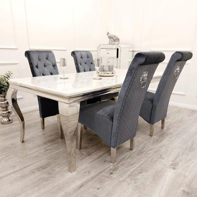 Louis 150cm Grey, Black Or White Marble Dining Table + 4 Lucy Shimmer Grey Lion Slim Knocker Plush Velvet Chairs-Esme Furnishings