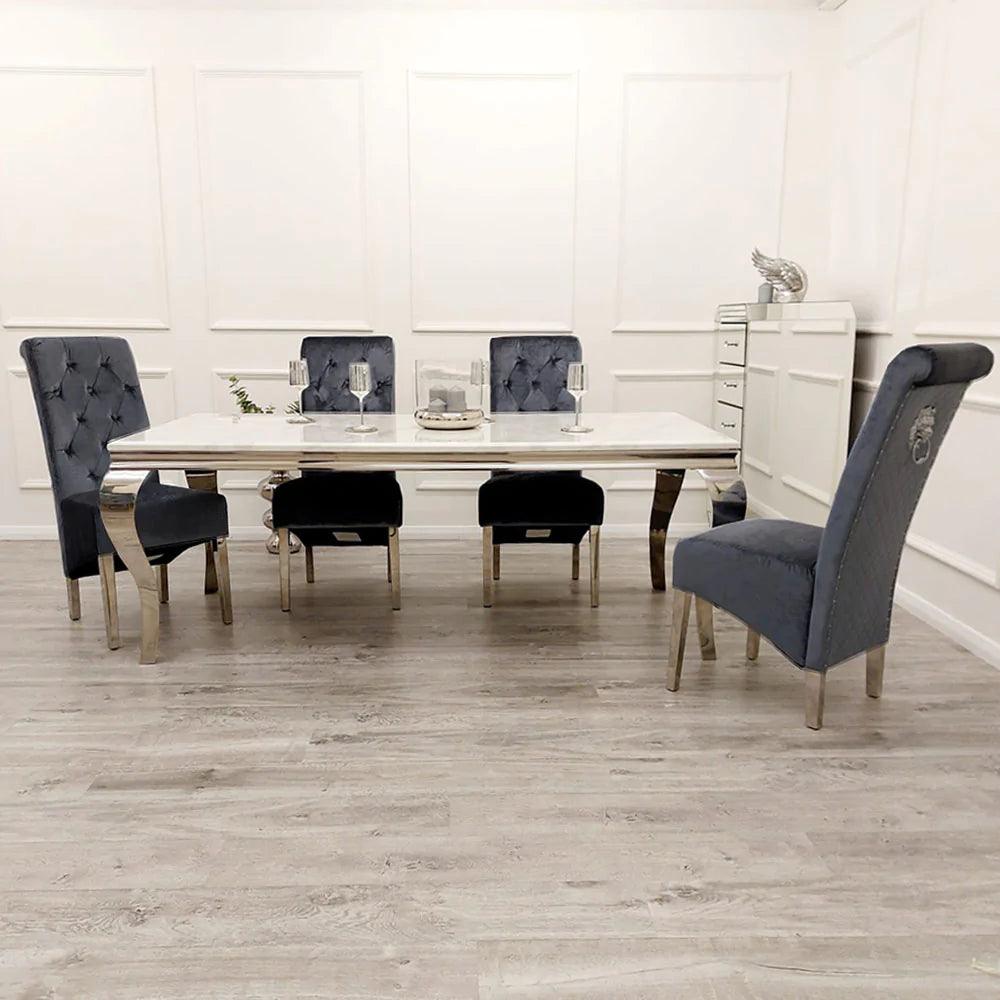 Louis 150cm Grey, Black Or White Marble Dining Table + 4 Lucy Shimmer Grey Lion Slim Knocker Plush Velvet Chairs-Esme Furnishings