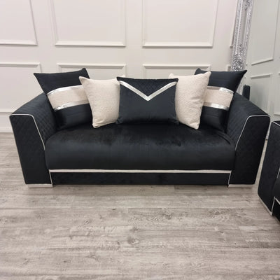 Romeo 3 & 2 Seater Sofa Set - Black Plush Velvet Quilted & Chrome