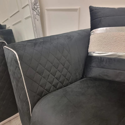 Romeo 3 & 2 Seater Sofa Set - Black Plush Velvet Quilted & Chrome