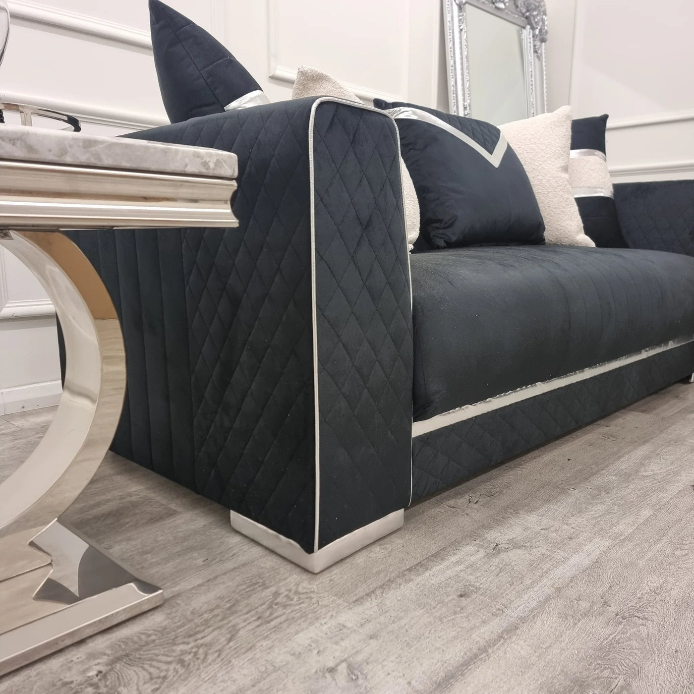 Romeo 3 & 2 Seater Sofa Set - Black Plush Velvet Quilted & Chrome