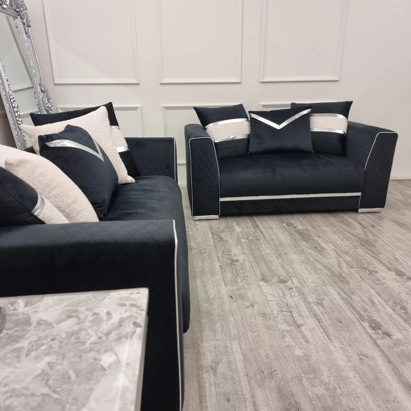Romeo 3 & 2 Seater Sofa Set - Black Plush Velvet Quilted & Chrome