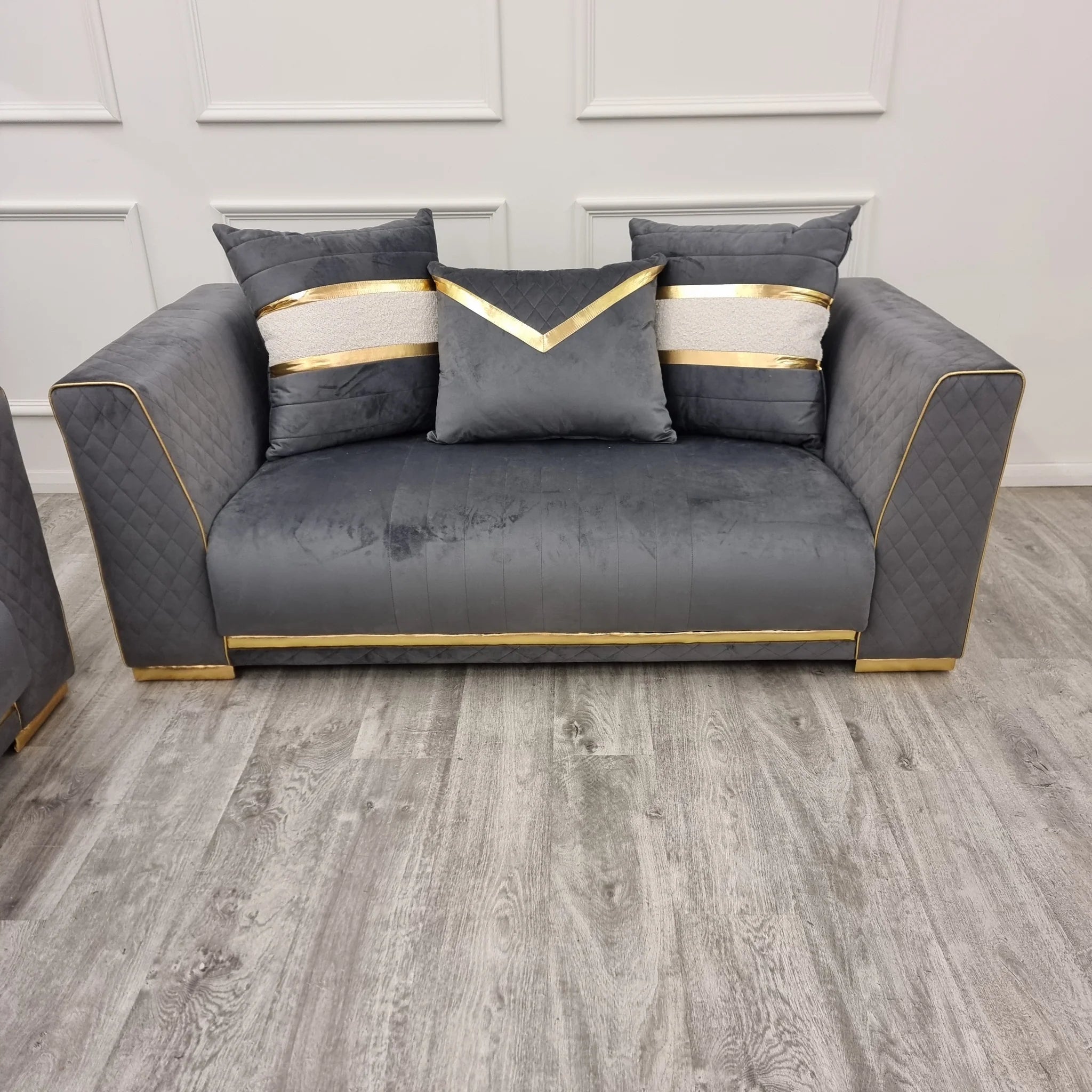 Romeo 3 2 Seater Sofa Set Grey Gold Plush Velvet Quilted
