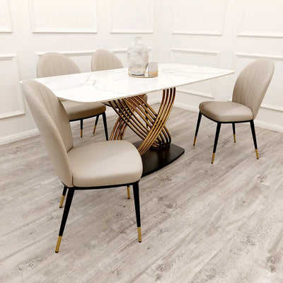 Orion Gold 180cm Dining Table with Polar White Sintered Stone Top + Etta Beige PU Leather Dining Chairs-Esme Furnishings