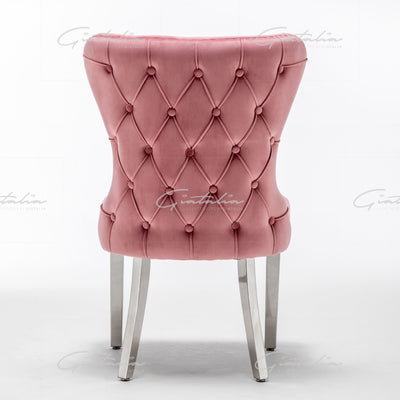 Florence Blush Pink French Plush Velvet Button Back Dining Chair With Chrome Legs-Esme Furnishings