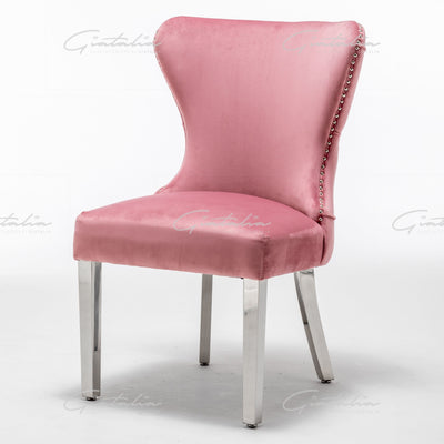 Florence Blush Pink French Plush Velvet Button Back Dining Chair With Chrome Legs-Esme Furnishings