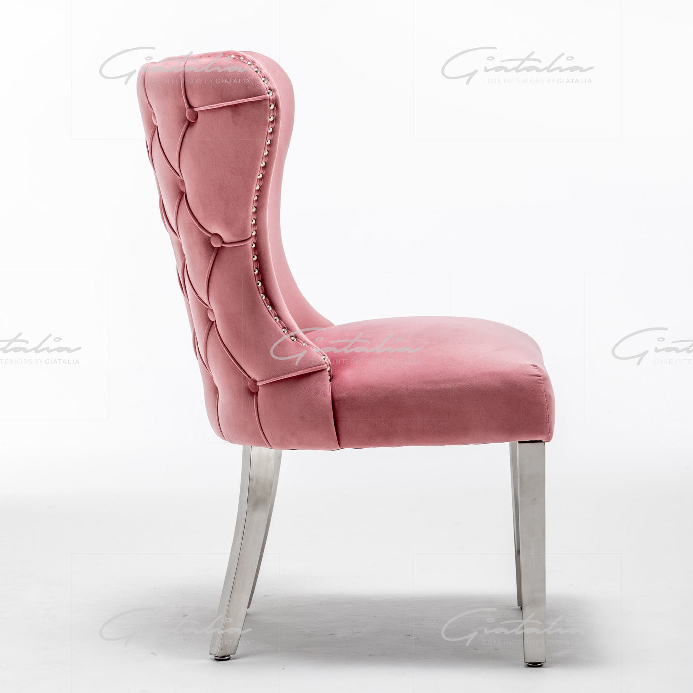 Florence Blush Pink French Plush Velvet Button Back Dining Chair With Chrome Legs-Esme Furnishings