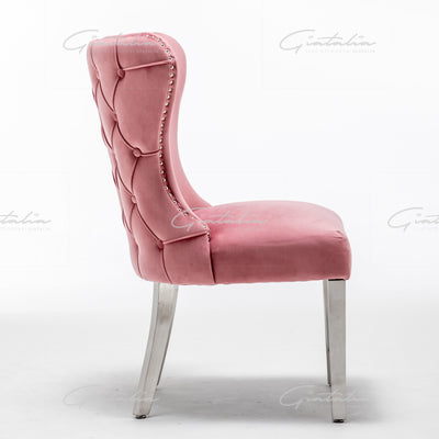 Florence Blush Pink French Plush Velvet Button Back Dining Chair With Chrome Legs-Esme Furnishings