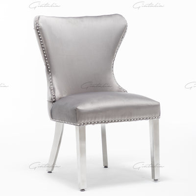 Florence Light Grey French Velvet Button Back Dining Chair With Chrome Legs-Esme Furnishings