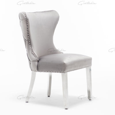 Florence Light Grey French Velvet Button Back Dining Chair With Chrome Legs-Esme Furnishings