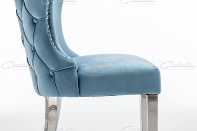 Florence Powder Blue French Velvet Button Back Dining Chair With Chrome Legs-Esme Furnishings