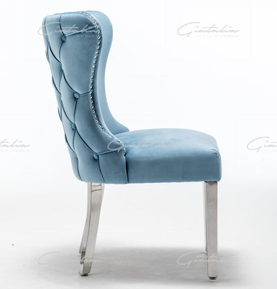 Florence Powder Blue French Velvet Button Back Dining Chair With Chrome Legs-Esme Furnishings