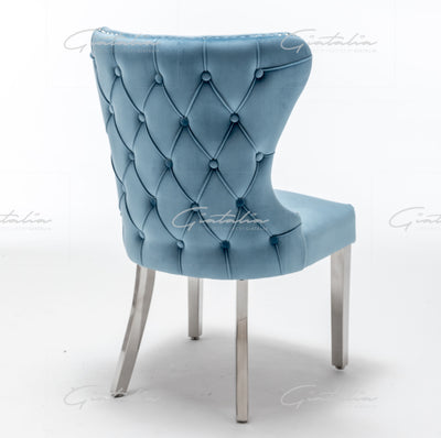 Florence Powder Blue French Velvet Button Back Dining Chair With Chrome Legs-Esme Furnishings