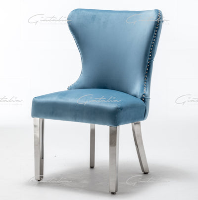 Florence Powder Blue French Velvet Button Back Dining Chair With Chrome Legs-Esme Furnishings