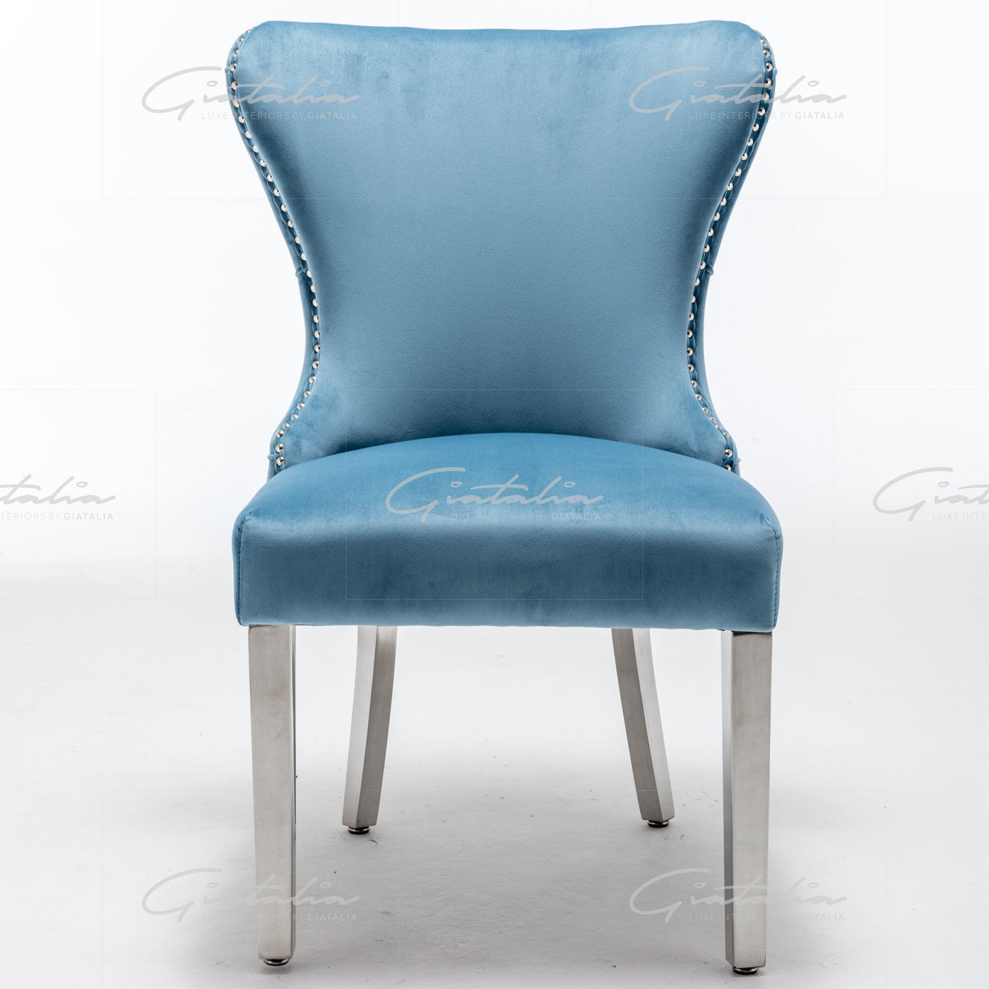 Florence Powder Blue French Velvet Button Back Dining Chair With Chrome Legs-Esme Furnishings